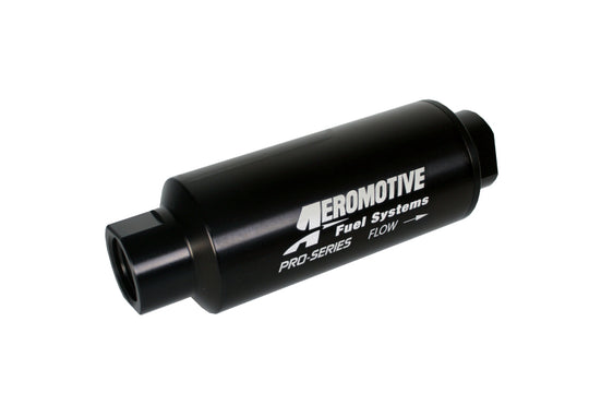Aeromotive Pro-Series in-line fuel filter with AN-12 fitting and 100 micron stainless steel element for automotive fuel systems.