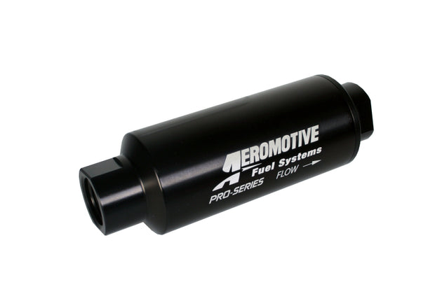 Aeromotive Pro-Series in-line fuel filter with AN-12 fitting and 100 micron stainless steel element for automotive fuel systems.