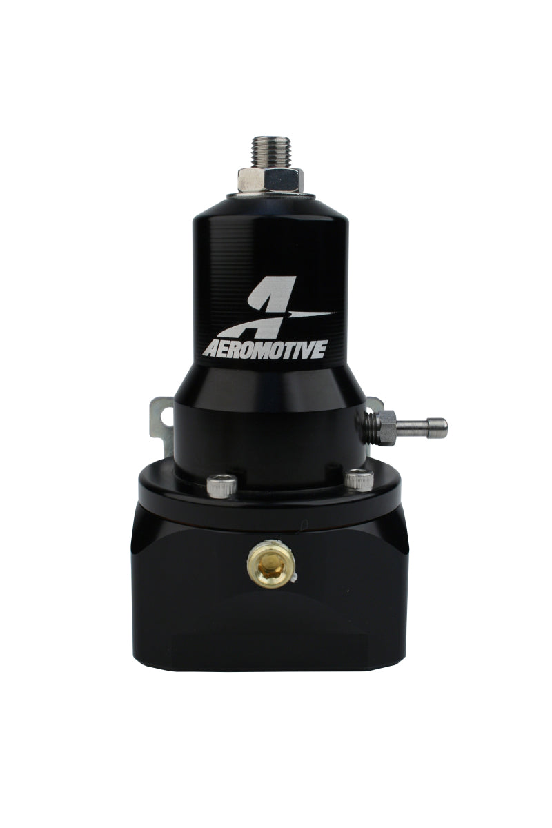 Aeromotive fuel pressure regulator with 30-120 PSI range, .500 valve, dual AN-10 inlets, and bypass for automotive performance.