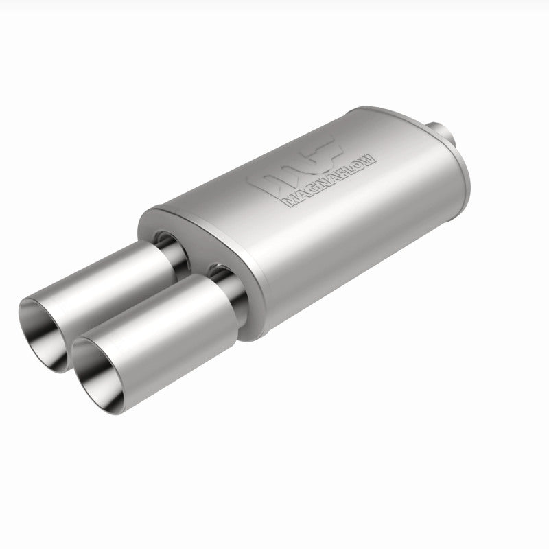 MagnaFlow stainless steel muffler with tip, 14x5x8 inches, featuring dual inlet and outlet pipes for vehicle exhaust systems.