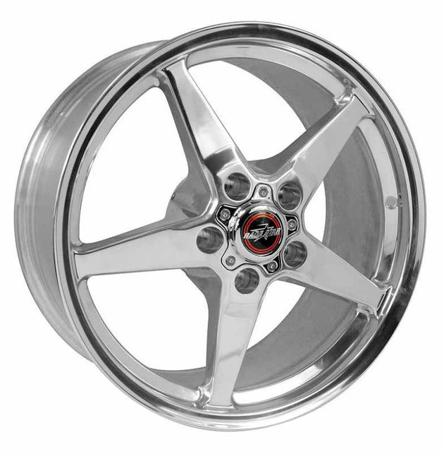 Polished Race Star Drag Star 15x10-inch cast wheel with 5x5 bolt pattern and 5.50 backspacing, designed for direct drill applications.