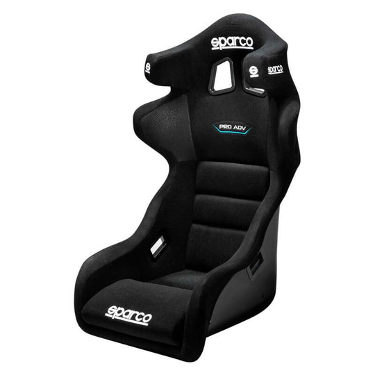 Black Sparco Seat Pro Adv LF race seat for 2020 models, featuring supportive upholstery and racing harness openings.