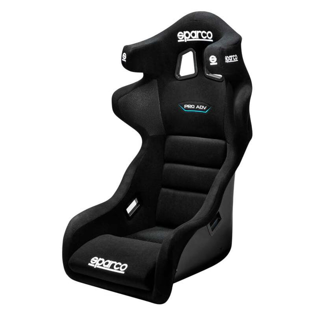 Black Sparco Seat Pro Adv LF race seat for 2020 models, featuring supportive upholstery and racing harness openings.