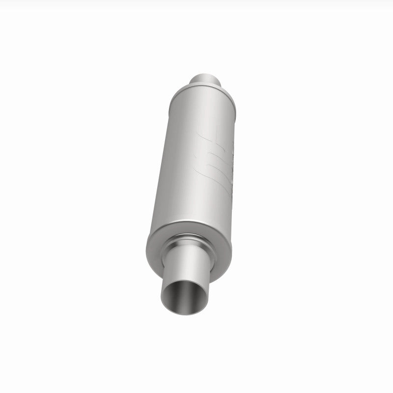 MagnaFlow Mag SS muffler with 14x4x4 inch size and dual 2x2 inlet/outlet, stainless steel construction, installed on a vehicle.