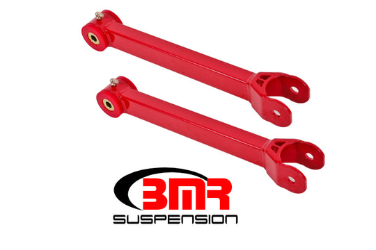 Red BMR Suspension 16-17 6th Gen Camaro non-adjustable polyurethane upper control arms, close-up view showing bushings and finish