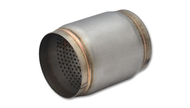 Vibrant SS Race Muffler with 3.5-inch inlet and outlet, 5-inch long, showcasing polished stainless steel construction.