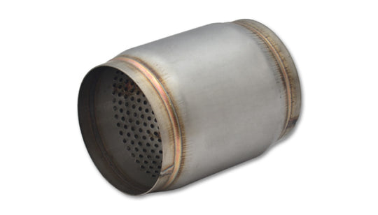 Vibrant SS Race Muffler with 3.5-inch inlet and outlet, 5-inch long, showcasing polished stainless steel construction.