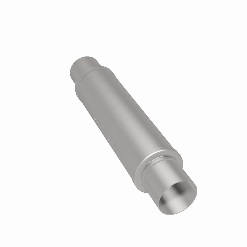 MagnaFlow Mag SS muffler with 3-inch inlet and 14x4x4-inch dimensions, showcasing stainless steel construction and polished finish.