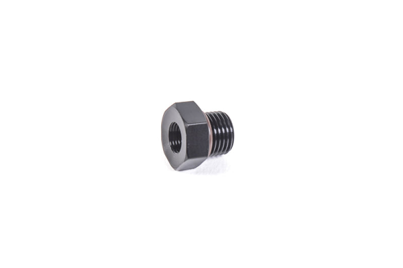 Radium Engineering 6AN ORB to 1/8NPT female fitting, automotive fluid fitting with black anodized finish, close-up image