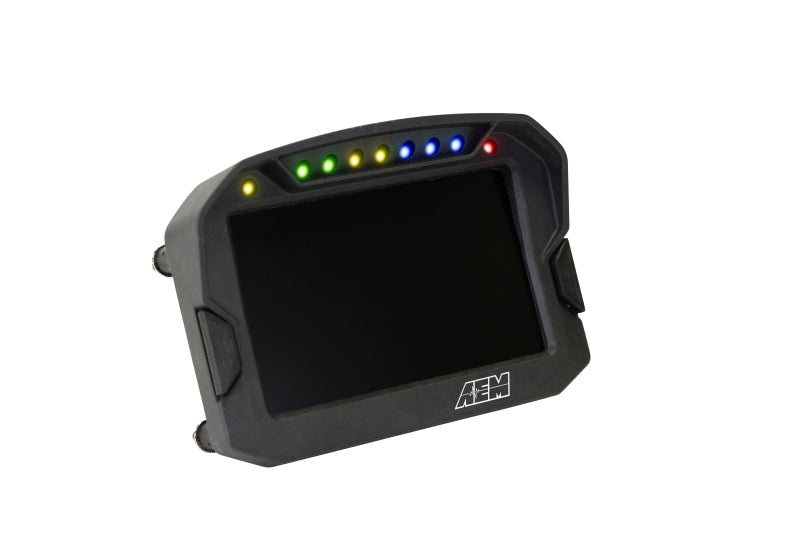 AEM CD-5LG Carbon Logging Digital Dash Display gauge with internal 10Hz GPS and antenna, showing digital readouts and interface.