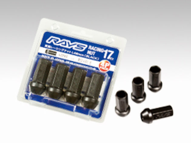 Set of four black Rays 17 Hex L48 racing lug nuts with 12x1.5 thread for vehicle wheels.