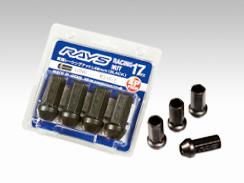 Set of four black Rays 17 Hex L48 racing lug nuts with 12x1.5 thread for vehicle wheels.