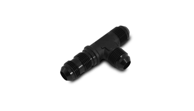 Vibrant black anodized 3AN bulkhead adapter tee fitting with run fittings for plumbing or fluid transfer systems.