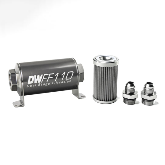 DeatschWerks stainless steel 8AN inline fuel filter housing kit with 100-micron filter, 110mm length, for automotive fuel systems.