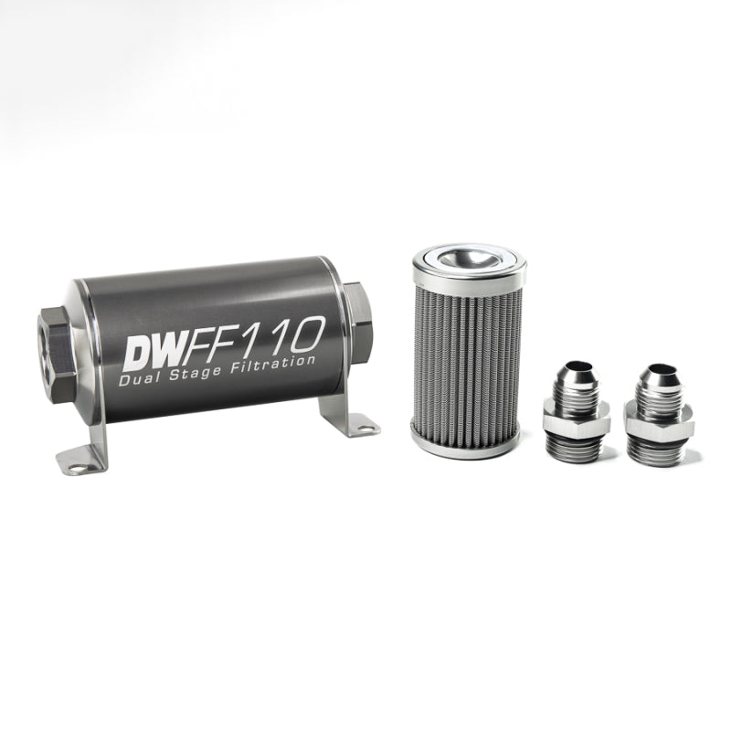 DeatschWerks stainless steel 8AN inline fuel filter housing kit with 100-micron filter, 110mm length, for automotive fuel systems.