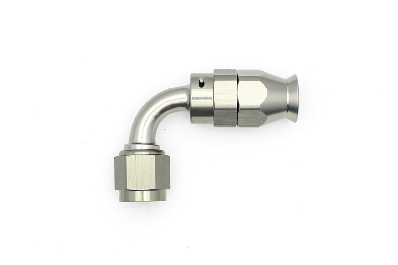 DeatschWerks 6AN female swivel 90-degree hose end fitting with PTFE and olive insert for fuel or oil lines