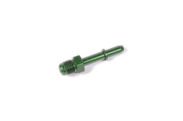 Radium Engineering OEM style SAE quick disconnect fitting, 5/16 inch male to 6AN male, showing the fitting's metal construction and threading.
