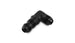 Vibrant black anodized -12AN bulkhead fitting 90-degree elbow, metal automotive or plumbing fitting for high-performance applications.