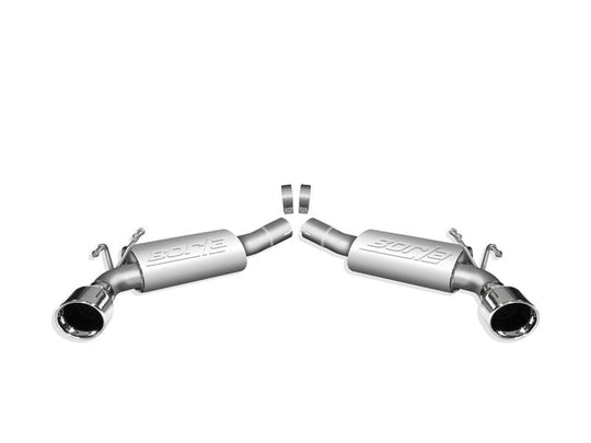 Borla axle back exhaust system for 2010 Camaro 6.2L V8, rear section with polished stainless steel tips and dual exhaust outlets.