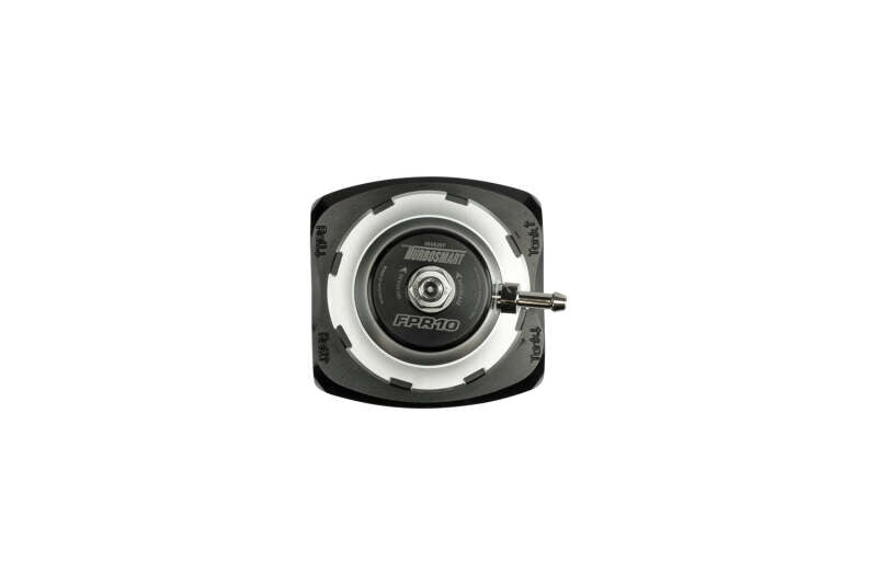 Turbosmart black canister-style fuel filter with regulator, -10AN fittings, designed for high-performance fuel systems.