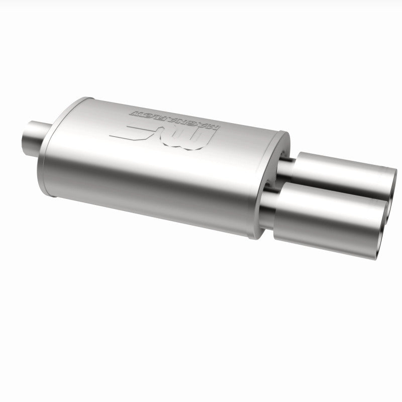 MagnaFlow stainless steel muffler with tip, 14x5x8 inches, featuring dual inlet and outlet pipes for car exhaust system.