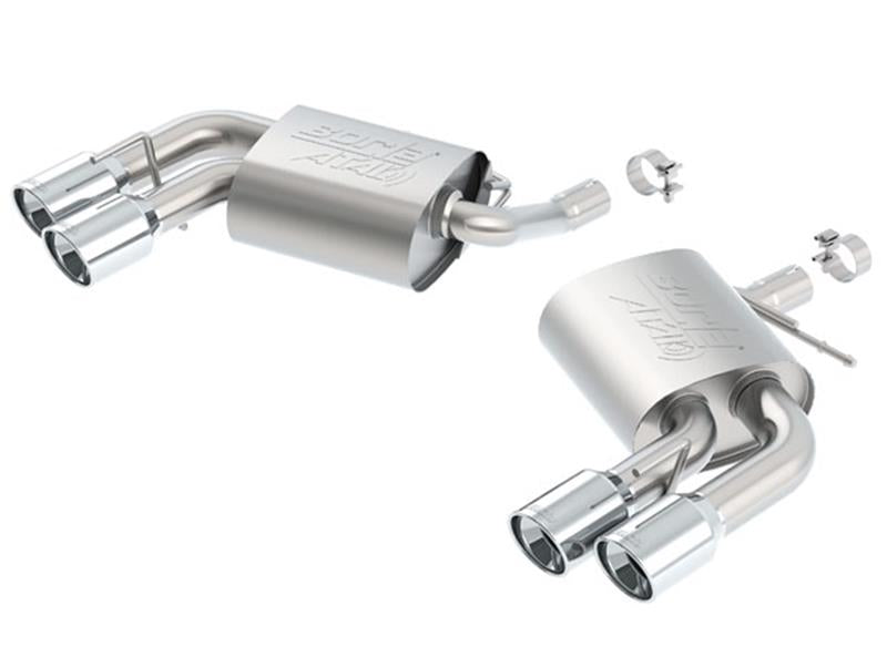 Borla axle back rear exhaust section for 2016 Chevy Camaro V6, featuring polished stainless steel tips and performance design
