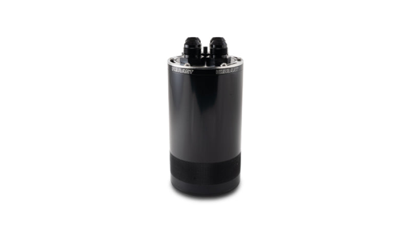 Vibrant medium 1.5L 4-port oil catch can assembly with hoses and fittings for automotive engine ventilation.