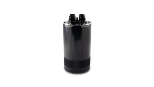 Vibrant medium 1.5L 4-port oil catch can assembly with hoses and fittings for automotive engine ventilation.