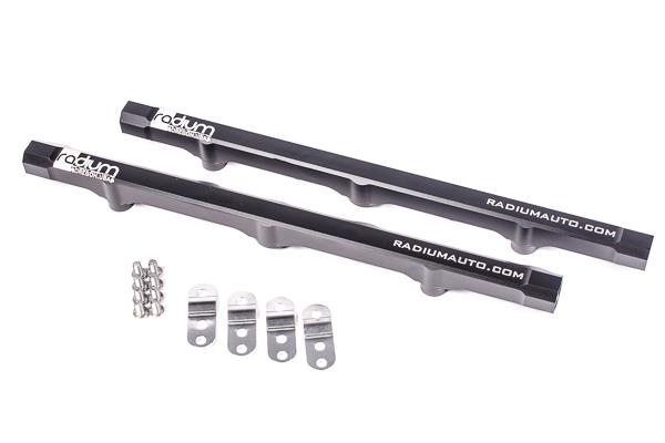 Radium Engineering GM LS7 engine fuel rails in black with silver fittings, designed for performance LS7 fuel delivery.