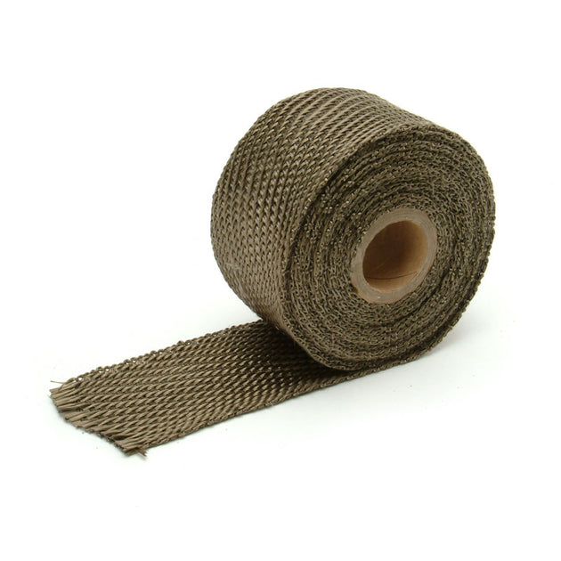 DEI Titanium Exhaust Wrap 2in x 15ft wrapped around exhaust pipe for heat insulation and performance enhancement.