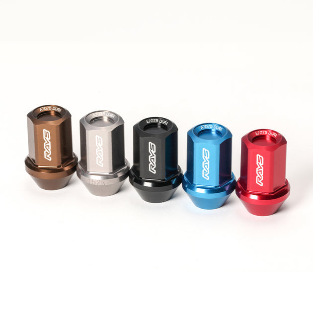 Rays black M12x1.25 lug nuts set with 5-hole design, including 16 lug nuts, 4 lock nuts, an adapter, and a lock nut key.