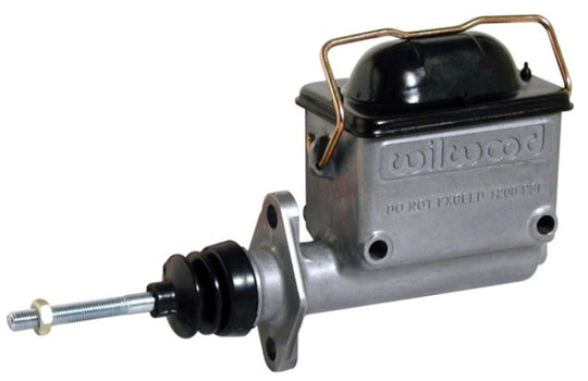 Wilwood high volume aluminum brake master cylinder with 3/4 inch bore, shown from side view, for enhanced vehicle braking performance.