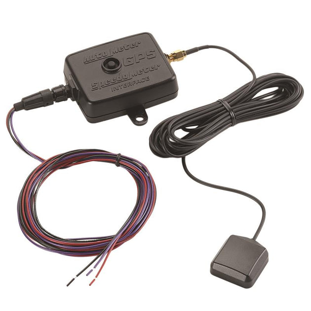 AutoMeter Universal GPS Speedometer Interface Module for gauges, compact black device with wiring connections.