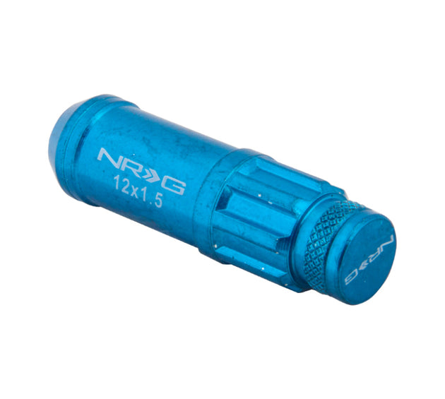 NRG 700 Series M12 x 1.5 steel lug nut set with dust cap covers, 21 pieces, includes locks and lock socket, blue finish.