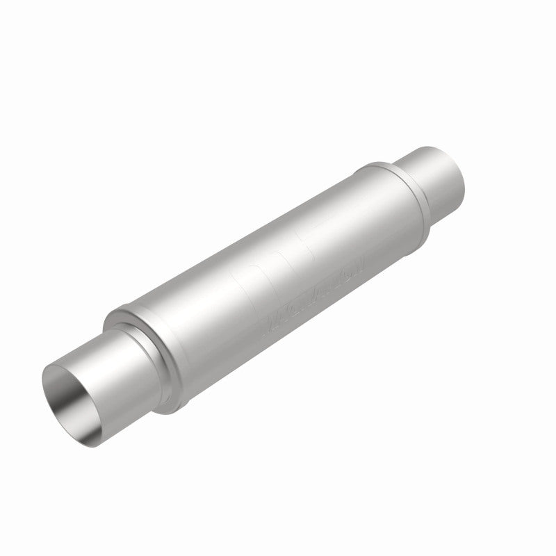 MagnaFlow Mag SS muffler with 3-inch inlet and 14x4x4-inch dimensions, stainless steel construction, installed on a vehicle.