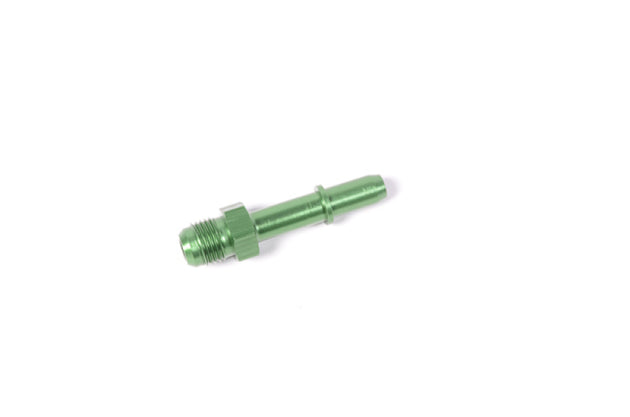Radium Engineering 3/8 inch SAE male to 6AN male fitting, showing the metal connectors and precise threading for fluid connections.