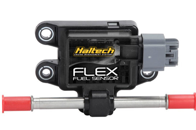 Haltech Flex Fuel Composition Sensor fitting for 3/8 GM Spring Lock fittings with plug and pins, used in fuel systems.