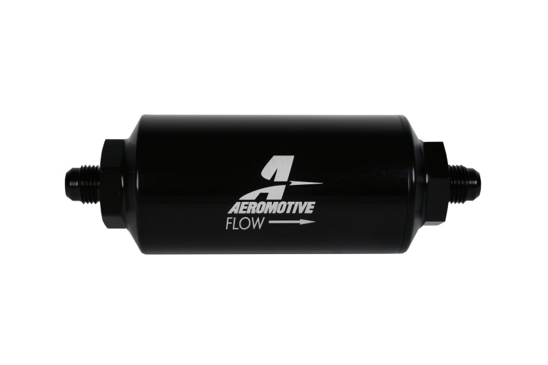 Aeromotive in-line fuel filter with AN-6 male fittings, 10 micron fabric element, black finish for automotive fuel systems.