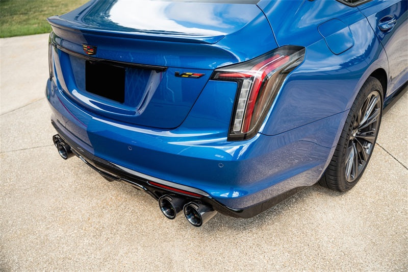CORSA Performance Corsa 2022-25 Caddy CT5 V Blackwing cat-back exhaust with twin 4.5-inch black carbon fiber tips and dual X-pipe.