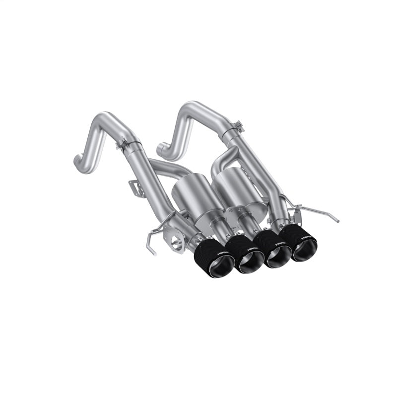 MBRP catback exhaust system for 2014-2019 Corvette 6.2L NPP models with T304 stainless steel and quad carbon fiber tips.