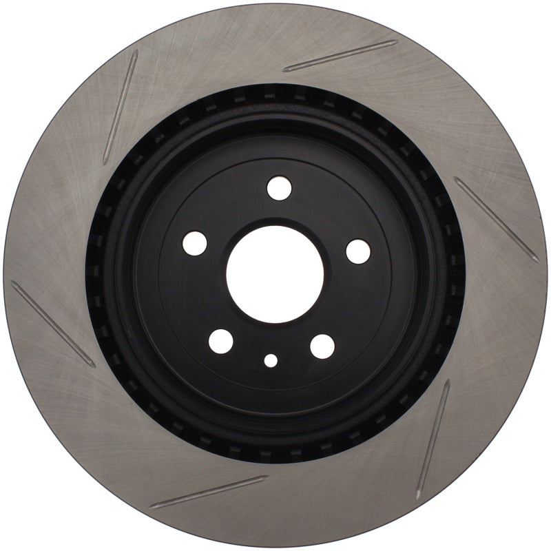 StopTech Power Slot rear left slotted brake rotor for 10 Camaro SS V8, showing the slotted surface and mounting holes.