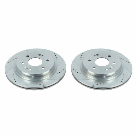 Pair of PowerStop drilled and slotted rear brake rotors for Chevrolet Silverado 1500 2019-2020, featuring slot and drilled design.