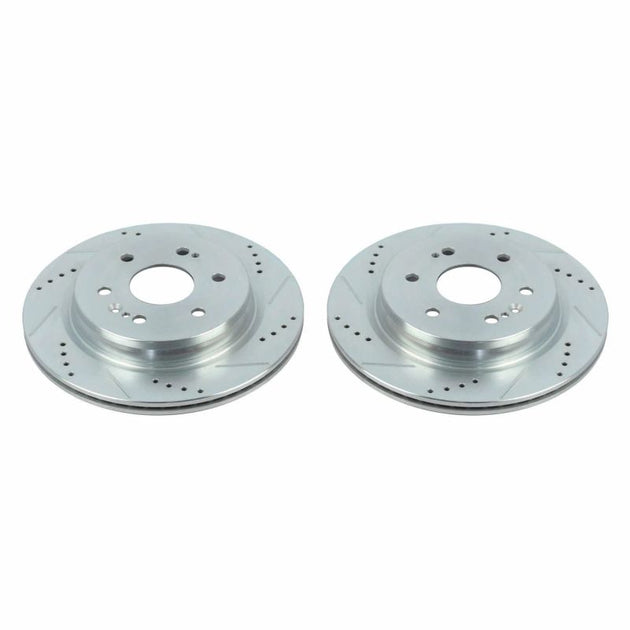 Pair of PowerStop drilled and slotted rear brake rotors for Chevrolet Silverado 1500 2019-2020, featuring slot and drilled design.