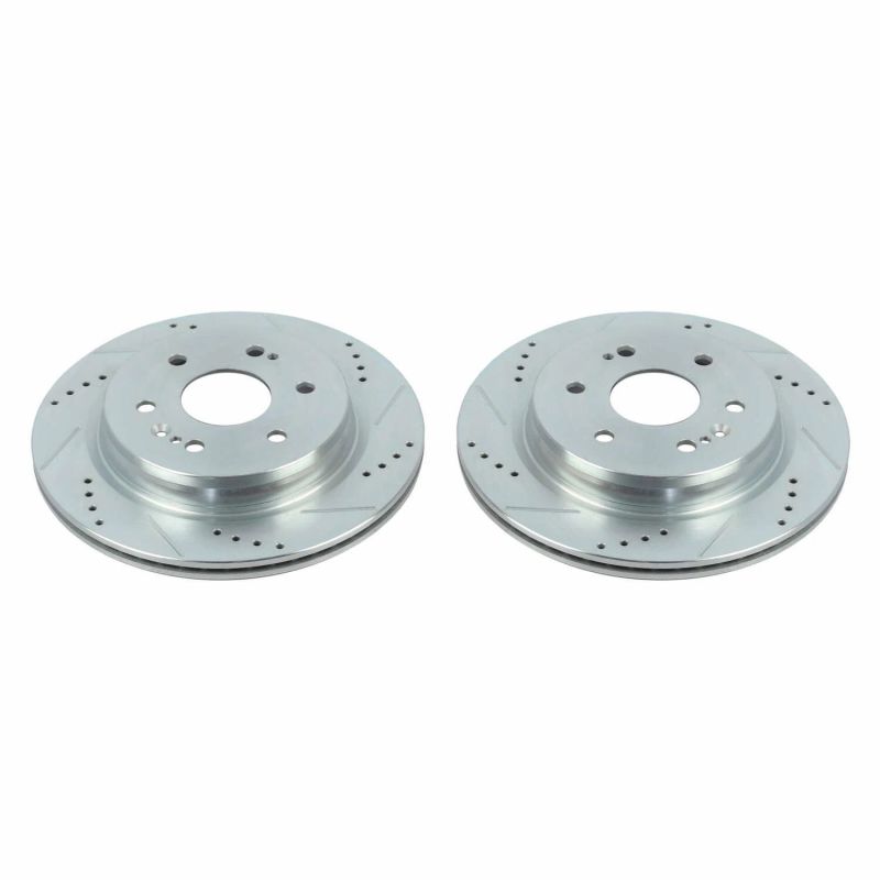 Pair of PowerStop drilled and slotted rear brake rotors for Chevrolet Silverado 1500 2019-2020, featuring slot and drilled design.