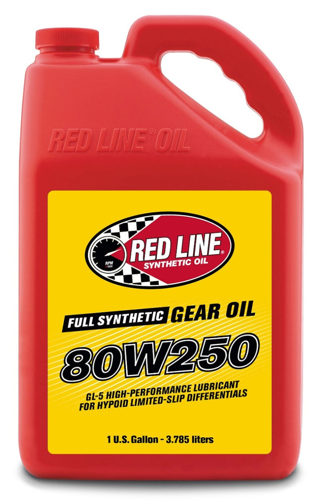 Red Line 80W250 GL-5 Gear Oil gallon container, durable gear oil for heavy-duty transmissions and gear systems.