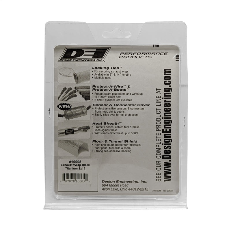 Black titanium DEI exhaust wrap measuring 2 inches by 15 feet, designed to insulate and protect exhaust systems.