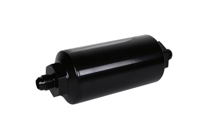 Aeromotive in-line fuel filter with AN-06 male fitting and 100 micron stainless steel element for vehicle fuel systems.