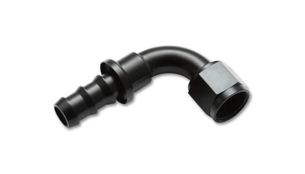 Vibrant aluminum -8AN push-on 90-degree hose end fitting showing sleek metallic finish and precise threading for automotive use.