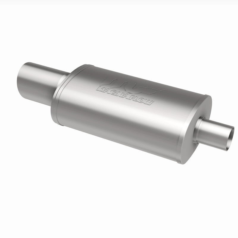 MagnaFlow stainless steel muffler with tip, 14x5x8 inches, featuring dual inlet and outlet pipes for vehicle exhaust system.