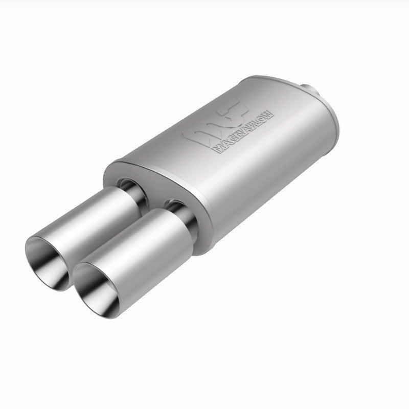 MagnaFlow stainless steel muffler with tip, 14x5x8 inches, 2.25/3 inch inlet and outlet, automotive exhaust component.